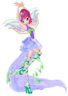 a drawing of a girl dressed in purple and green