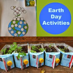 there are many plants in small containers on the table with an earth day activity bag behind them