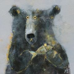 a painting of a bear holding a fish in its mouth and two smaller bears on it's back