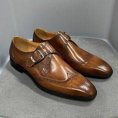 Men's Loafers Genuine Leather Hand Painted Monk Strap Dress Wedding Shoes | eBay Brown Round Toe Dress Shoes For Wedding, Brown Wedding Loafers With Round Toe, Brown Round Toe Loafers For Wedding, Slip-on Oxfords With Leather Sole For Wedding, Wingtip Dress Shoes With Brogue Detailing For Business Meetings, Brown Closed Toe Leather Shoes For Wedding, Brown Wingtip Leather Wedding Shoes, Brown Brogue Dress Shoes For Wedding, Formal Wedding Shoes With Fitted Slip-on Design