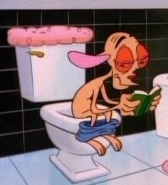 cartoon character sitting on toilet in bathroom reading book