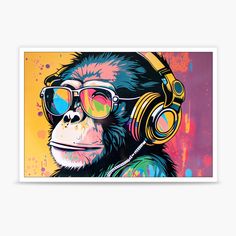 a painting of a monkey wearing headphones and sunglasses