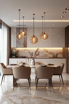 an elegant dining room with marble flooring and modern lights hanging from the ceiling over the table