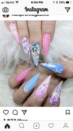 Olaf Acrylic Nails, Frozen Nails Acrylic, Frozen Nails Disney, Disney Frozen Nails