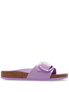 crocus purple leather high-shine finish round open toe single toe strap buckle fastening moulded footbed branded footbed cork sole rubber outsole Birkenstock Slippers, Birkenstock Madrid Big Buckle, Purple Sandals, Suede Slides, Birkenstock Madrid, Buckle Sandals, Purple Leather, Pink Suede, Birkenstock Shoes