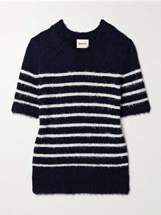 Eyelash Yarn, Stripe Silk, Sweater And Shorts, Cashmere Sweater, Striped Knit, Cashmere Sweaters, Crew Neck Sweater, Navy And White, Knit Top