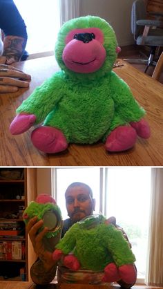 two pictures of a man sitting on the floor with a stuffed animal in front of him