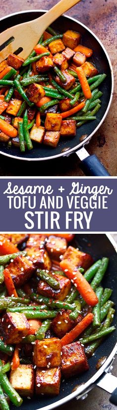 stir fry vegetables in a skillet with text overlay that reads, tofu and veggie stir fry