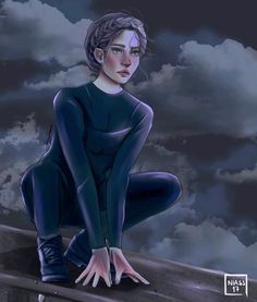 a drawing of a woman sitting on the edge of a ledge with clouds in the background