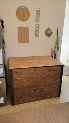 a kitchen with a wooden counter top next to a refrigerator