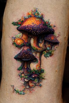 an artistic tattoo with mushrooms on the thigh