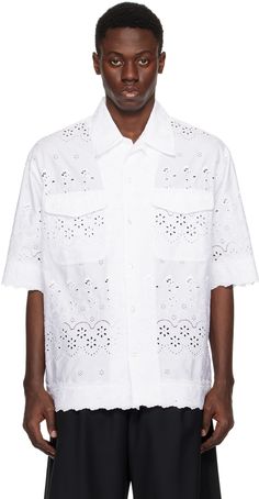 Cotton broderie anglaise shirt. Cutouts and embroidered detailing throughout. · Open spread collar · Button closure · Flap pockets · Scalloped edge at hem and cuffs Supplier color: White/White White Button-up Shirt With Broderie Anglaise, Summer Button-up Shirt With Broderie Anglaise, Summer Daywear Shirt With Broderie Anglaise, Summer Broderie Anglaise Shirt For Daywear, Scalloped Edge, White White, Flap Pocket, Apparel Accessories, Color White