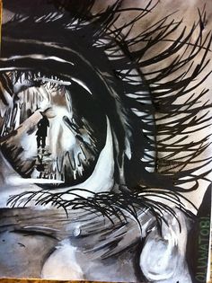 an artistic drawing of a person's eye with long eyelashes and the reflection of a man in it