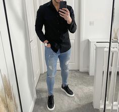 Outfits Caballero, Outfit Hombre Casual, Mens Casual Suits, Black Outfit Men, Smart Casual Menswear, African Wear Styles For Men, Blue Jeans Mens