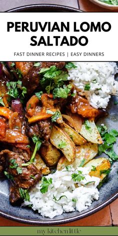 the cover of peruvian lomo sallado is shown on a plate with rice and vegetables