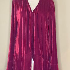 This Season's Must-Have Is This Five Star Rated Ruffled Velvet Cardigan. The Saturated Hues Are What The Experts Are Calling "Hot" For The Cooling Temperatures. Made From A Cotton Blend, This Cardigan Sports And Open Style With Long Sleeves And A High-Low Hem With Ruffle Detail. Pair It With A Skirt And Blouse For Business Meetings Or Your Favorite Jeans For Date Night. Red Blouse For Fall Layering, Velvet Cardigan, Skirt And Blouse, High Low Hem, Five Star, Favorite Jeans, Lady In Red, High & Low, Sweaters & Cardigans