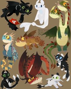 many different types of cartoon animals and their names are shown in this image, including the dragon