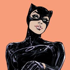 a woman in black cat suit with her arms crossed