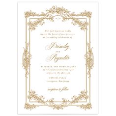 a wedding card with an ornate frame and gold foil on the front, in white