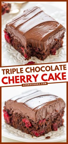 triple chocolate cherry cake on a plate with the words triple chocolate cherry cake above it