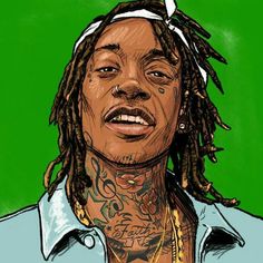 a drawing of a man with dreadlocks and tattoos on his face, wearing a blue shirt