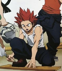 an anime character with red hair is on the ground next to another character holding a knife