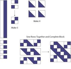 the instructions for how to make a quilt with squares and strips in blue on white paper