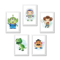 four different cartoon characters are shown on the wall in this set of five prints, each featuring