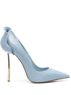 blue/gold-tone lambskin smooth grain tonal stitching petal-detailed heel counter pointed toe slip-on style 110mm stiletto heel branded leather insole Light Blue Pumps, Le Silla Shoes, Wedding Game, Wedding Festivities, Cute Shoes Heels, Cinderella Shoes, Dressy Shoes, Blue Pumps, Girly Shoes