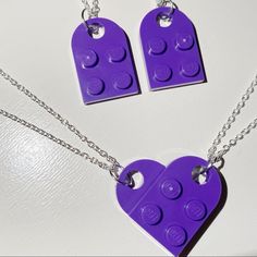 Purple Lego Heart Necklace Includes 2 Separate Necklaces That Connect To Form A Heart :) Super Cute For Couples Or Best Friends! Each Chain Is 18 Inches And Silver Plated, With Lobster Clasps (Available To Ship Within 1-5 Business Days Of Purchase) #Lego #Heart #Necklace #Legohearts #Gift Lego Heart Necklace, Lego Ring, Lego Heart, Lego Jewelry, Butterfly Necklace Gold, Jewelry Purple, Princess Necklace, Pink Swarovski, Dragonfly Pendant