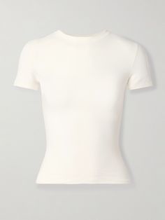 SKIMS' T-shirt is made from stretch cotton-jersey that's so soft and comfortable, you'll never want to take it off. It's cut for a very close fit and will work with everything from tailoring and jeans to track pants. White Fitted Shirt, Chanel Pins, At Home Outfits, School List, Take It Off, Fantasy Gowns, Compression Shirt, Feminine Outfit, Workout Tshirts