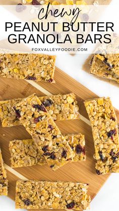 chewy peanut butter granola bars on a cutting board