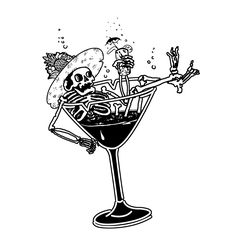 a drawing of a skeleton in a martini glass with spooky hands and feet