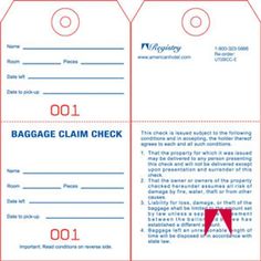 two luggage claim checks are shown with red and blue tags on the front, one is for baggage claim check