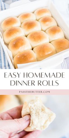 easy homemade dinner rolls in a baking pan with text overlay that reads easy homemade dinner rolls