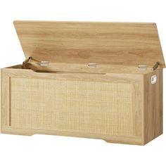 an empty wooden box with lid and handles