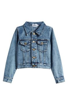 Your kiddo can coordinate their outfit with their pals in this denim jacket featuring one half of a 'Best Friends' heart. Front button closure Point collar Chest button-flap patch pockets Adjustable button side tabs Unlined 100% cotton Hand wash, line dry Imported Cute Denim Jacket For Fall, Cute Denim Blue Outerwear, Cute Denim Blue Outerwear With Pockets, Cute Medium Wash Denim Jacket, Cute Denim Blue Outerwear For Fall, Cute Denim Blue Fall Outerwear, Friends Heart, Girls Outerwear, One Half