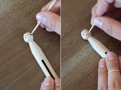 two pictures of someone holding a toothbrush in one hand and a wooden doll on the other