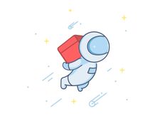 an astronaut floating in the air with a red box on his back