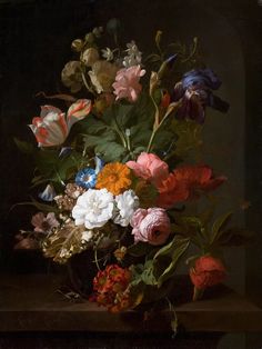 a painting of flowers in a vase on a table