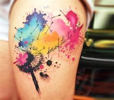 a woman's thigh with colorful ink splattered on it