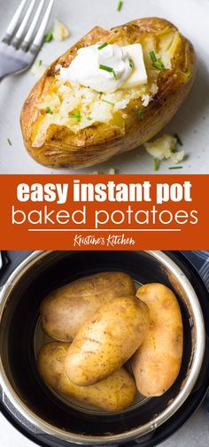 baked potatoes in an instant pot with text overlay that reads easy instant pot baked potatoes