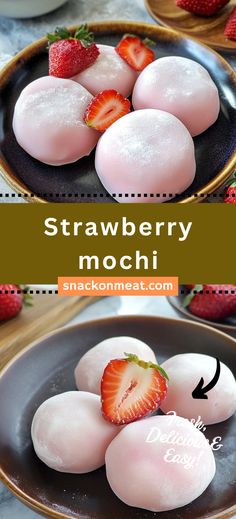 strawberries and mochillos on a plate with the words strawberry mochillo