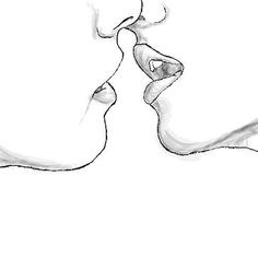 a black and white drawing of two people's faces with their noses close to each other