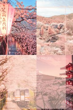 four different images with the words lightroom preset in japanese and english characters on them