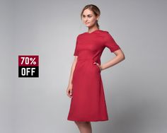 "The red office dress is a very elegant combination of color and silhouette. This linen dress definitely attracts an attention to its owner. Due to wide skirt it is very comfortable but emphasizes the figure at the same time. Features of the model:  * made of linen/rayon mix (50%/50%) * rayon lining * trapeze skirt * below the knee length * short sleeve * V-neckline * zipper on the back IMPORTANT NOTICE: please agree with us your size before making an order. MEASUREMENT CHART: 6 (USA) / 36(EU) / 42 (UA) - 33\"/26\"/35\" 8 (USA) / 38(EU) / 44 (UA) - 34,5\"/28\"/36,5\" 10 (USA) / 40(EU) / 46 (UA) - 36\"/29\"/38\" 12 (USA) / 42(EU) / 48 (UA) - 38\"/31\"/39\" 14 (USA) / 44(EU) / 50 (UA) - 39,5\"/32\"/41\" 16 (USA) / 46(EU) / 52 (UA) - 42\"/34\"/44\" Model height on photo - 178 cm PROCESSING TI Red Summer Office Dress, Elegant Red Linen Dress For Spring, Elegant Short Sleeve Linen Dress For Work, Elegant Summer Linen Dress For Formal Occasions, Elegant A-line Linen Dress For Formal Occasions, Formal Knee-length Linen Dress, Elegant A-line Linen Dress For Work, Elegant Fitted Linen Dress With Short Sleeves, Elegant Knee-length Linen Dress For Work