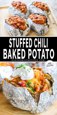 stuffed chili baked potato in foil on a cutting board