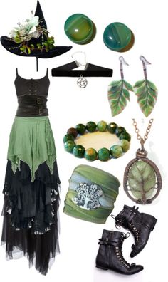 risaisafox:  Forest Witch by risaisafox featuring Full TiltOne of my favorite polyvore creations c: mostly because of the use of green/forest inspired accents. Hippie Goth, Strega Fashion, Boho Witch, Forest Witch, Fest Outfits, Estilo Hippy, Mode Hippie, Witch Fashion