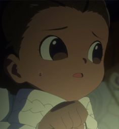 an animated image of a young boy with big eyes looking at something in the distance