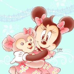 a cartoon mouse hugging a teddy bear on top of a blue background with white and pink flowers